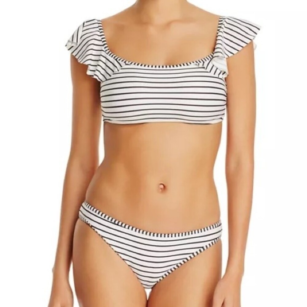 Vince Camuto Bikini Set White & Black Stripes Ruffled Off Shoulder Size Small
